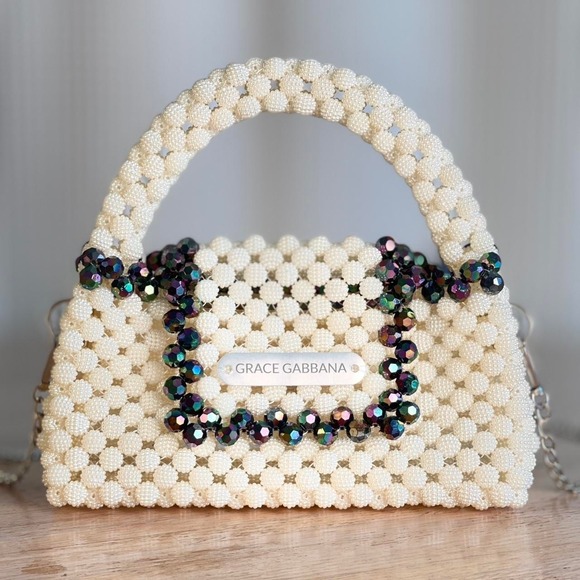 Handmade White Beaded Top Handle Bag Designer Inspired Mini Purse Evening Bag - Picture 1 of 8